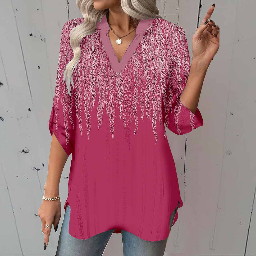 Women Floral,Red,White DZGA0632 3/4 Sleeve V-neck Printed Graphic Button Tops