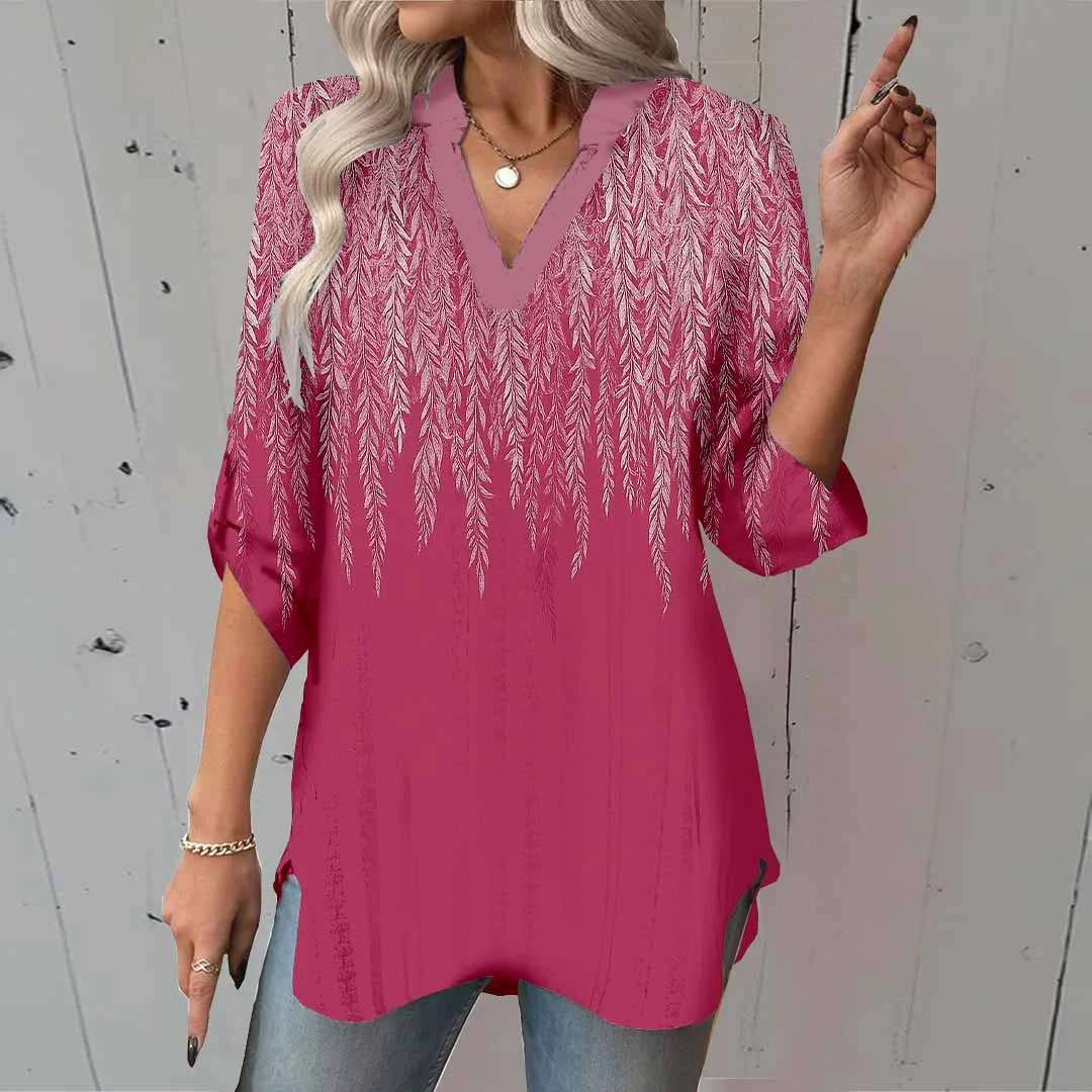 Women Floral,Red,White DZGA0632 3/4 Sleeve V-neck Printed Graphic Button Tops