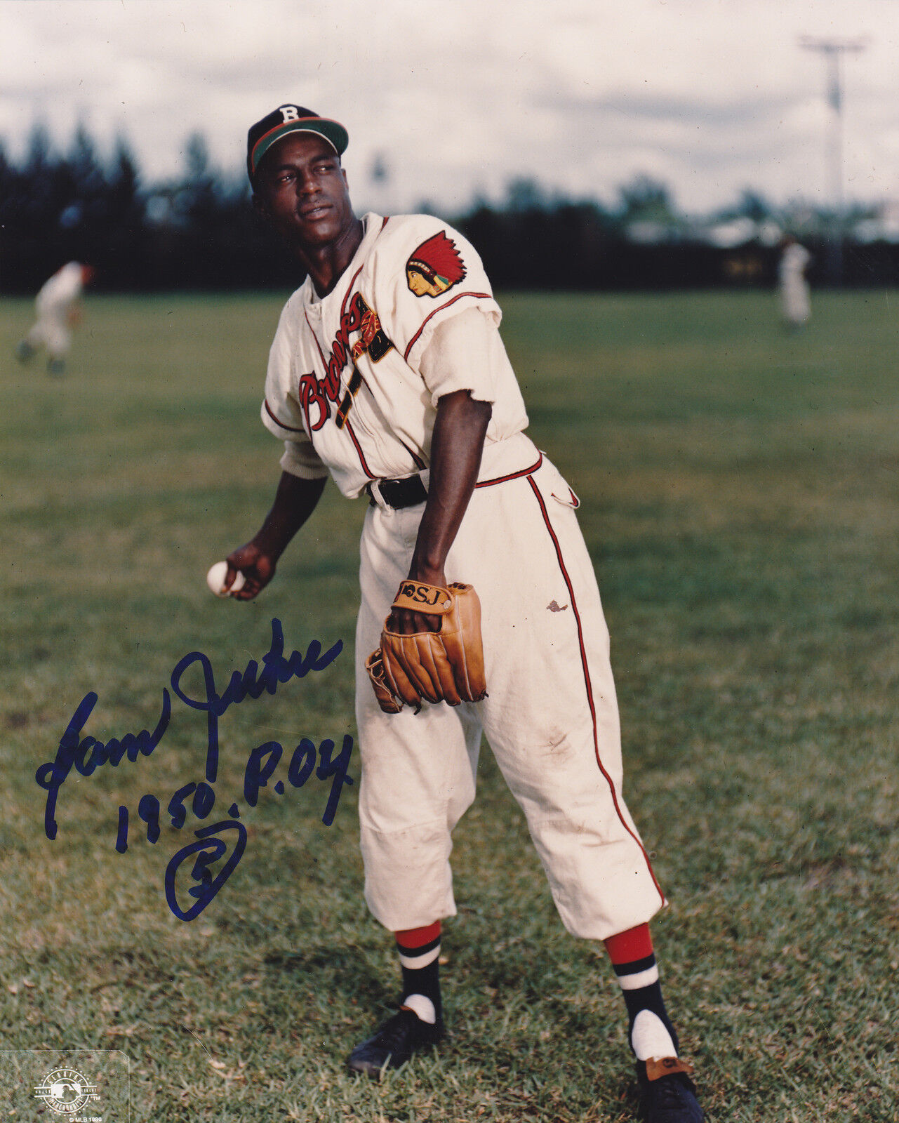 SAM JETROE BOSTON BRAVES 1950 ROY ACTION SIGNED 8x10