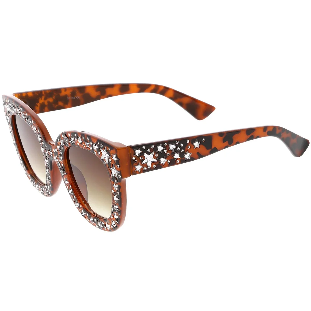 Oversize Star Rhinestones Cat Eye glasses Wide Arms Square Lens 48mm