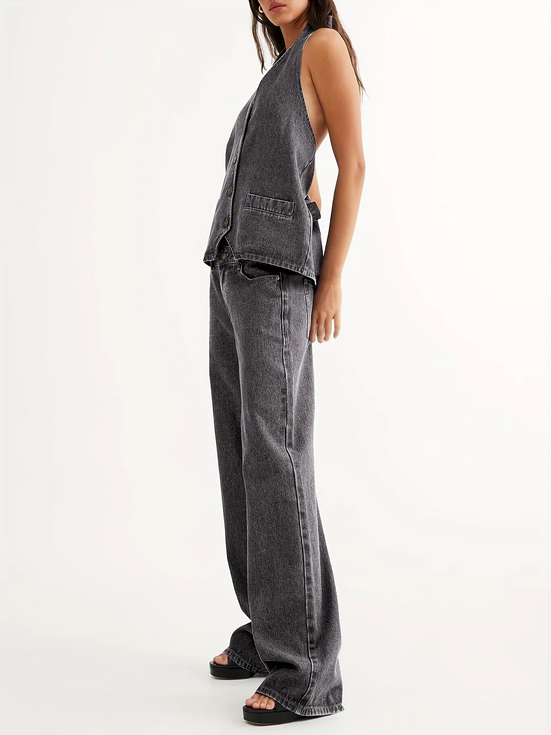 Women's Two Piece Denim Set Button Backless Tank Top And Wide Leg Jeans 2pcs Outfit Suit | IFYHOME