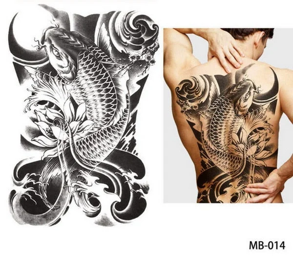 48*35 cm large tattoo stickers 2018 new designs fish wolf buddha waterproof temporary flash tattoos full back chest body for men