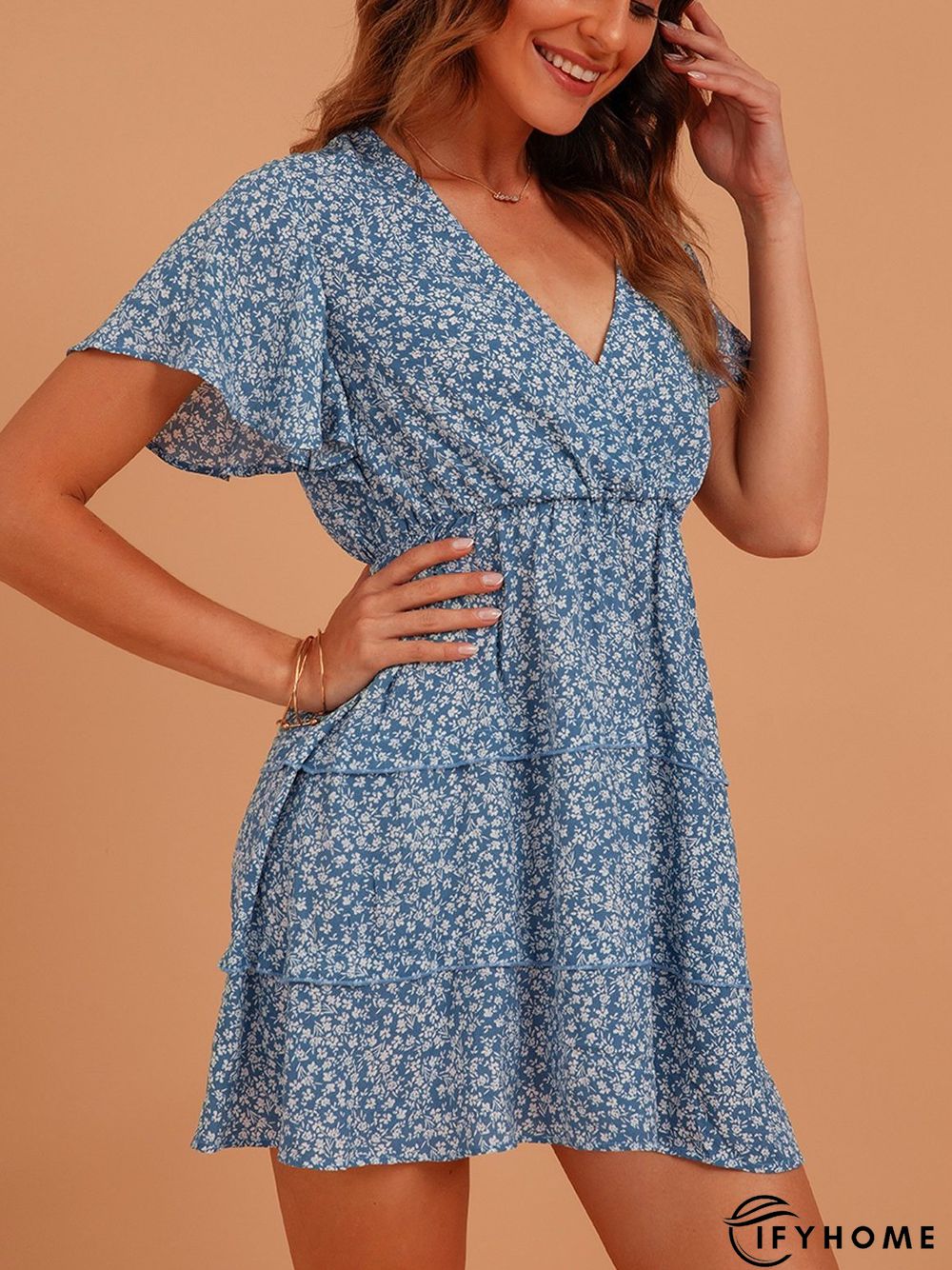 Blue Sweet V Neck Silk-Chiffon Weaving Dress | IFYHOME