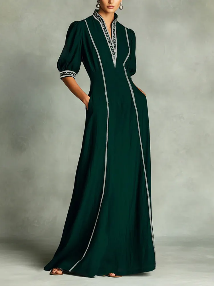 Women's V-neck 3/4-sleeve Casual Loose-fit Cotton-linen Dress