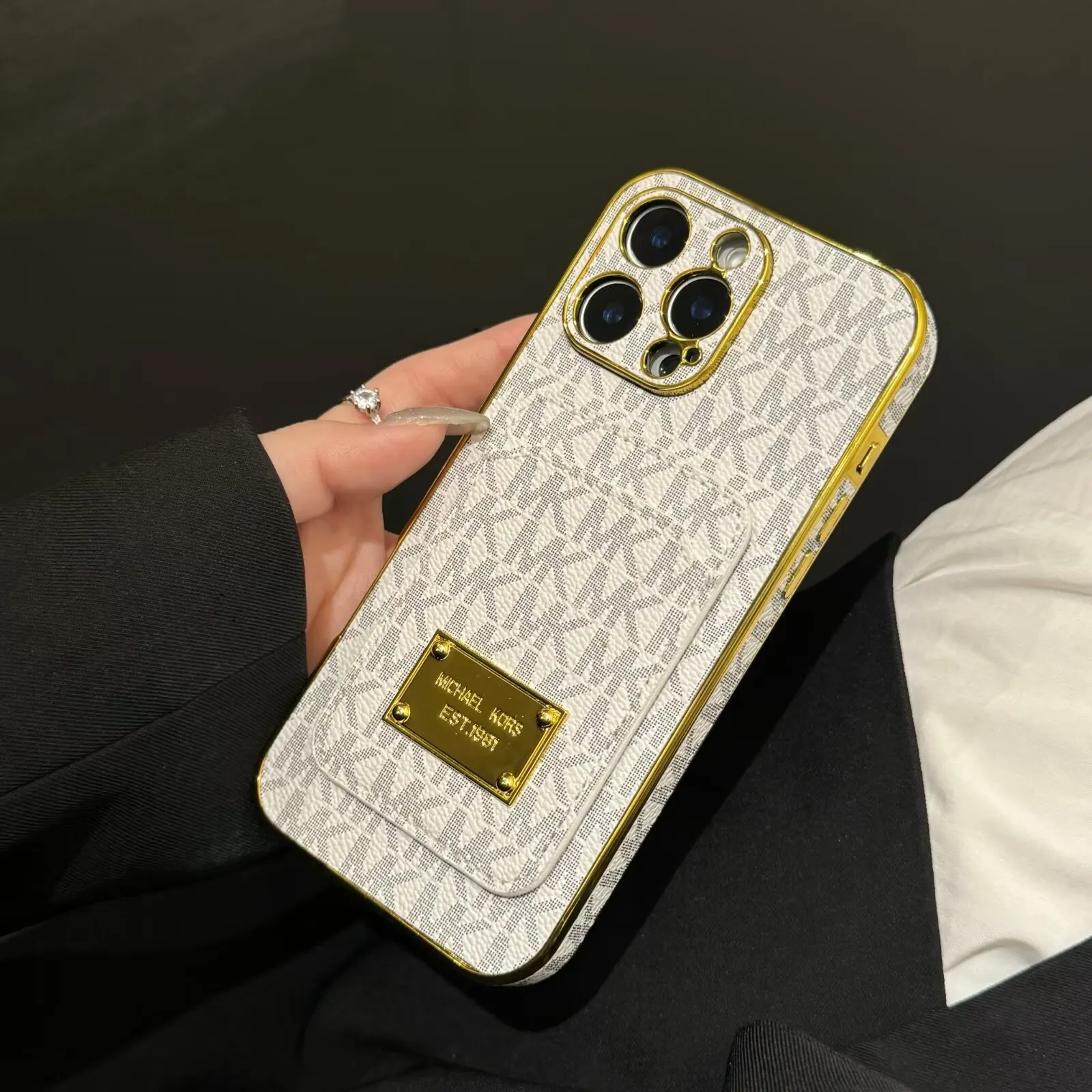 MK Signature Canvas Leather Back Card Holder Apple iPhone Case