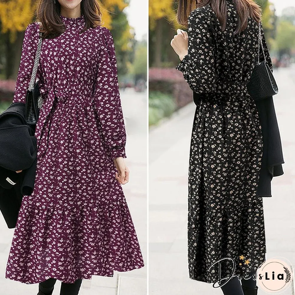 Womens Spring Casual Belt Full Sleeved Kaftan Floral Printed A-Line Party Ruffle Hem Long