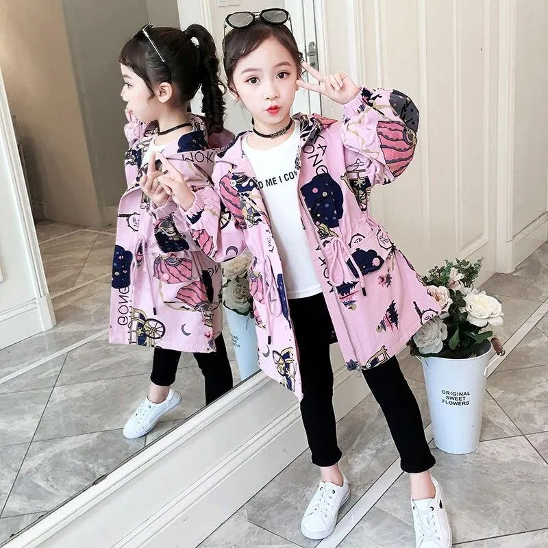 INS HOT Baby Girls windbreaker 4-13 years old spring and autumn clothing Cartoon print hooded children's long trench coat