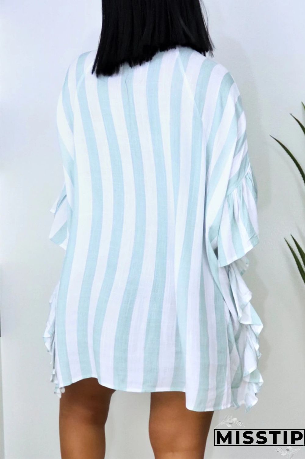 Light Blue Fashion Casual Striped Print Patchwork Turndown Collar Shirt Dress Dresses