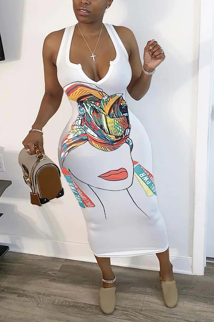 White Abstract Print Deep V Neck Sleeveless Bodycon Vacation Midi Dress