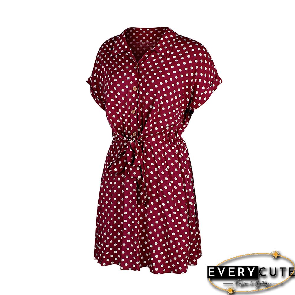 Wine Red Polka Dot Button Tie Waist Shirt Dress