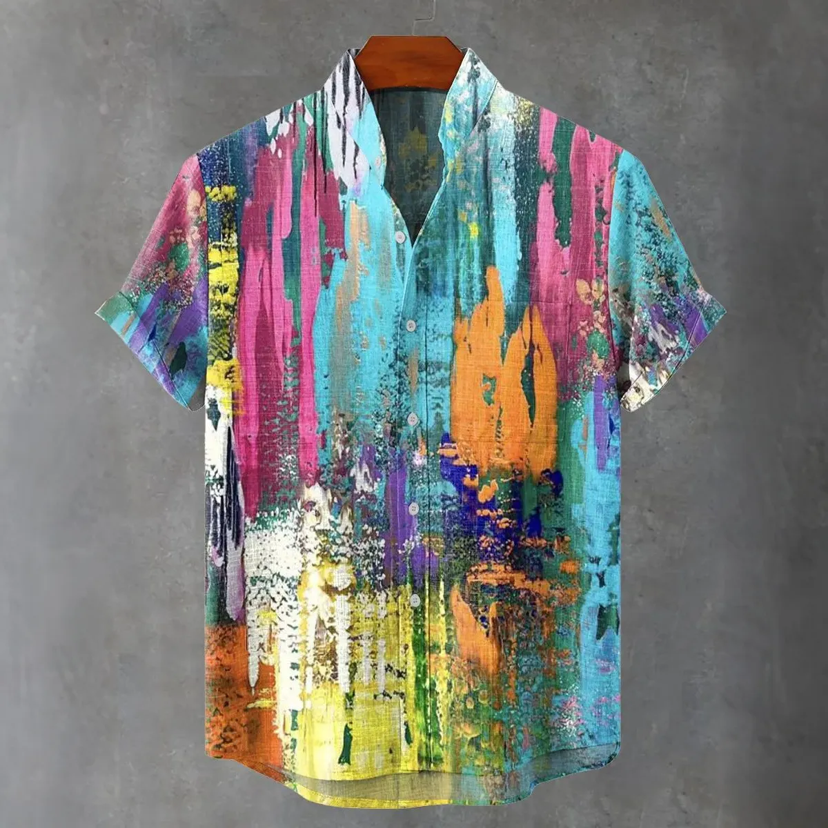 Men's Retro Art Multicolor Gradient Print Cotton Linen Short-sleeve Shirt  artssus