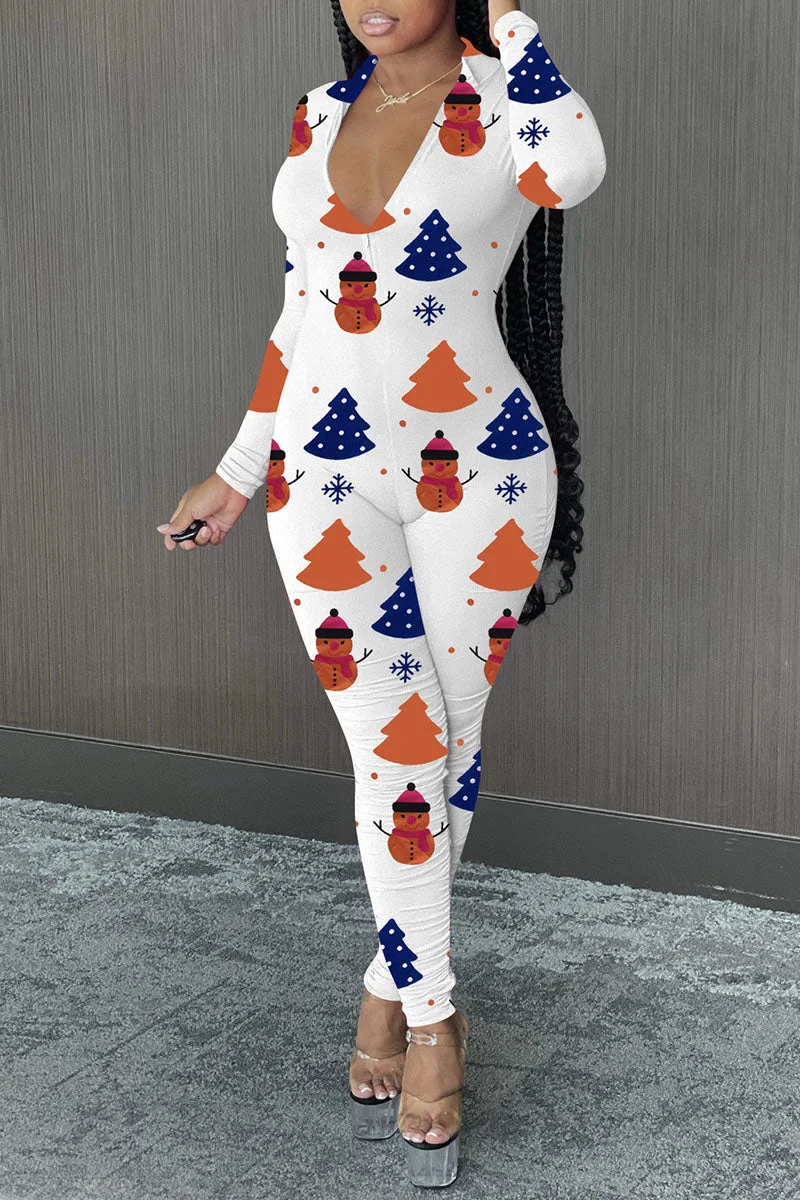 Casual Print Split Joint Zipper Collar Regular Jumpsuits