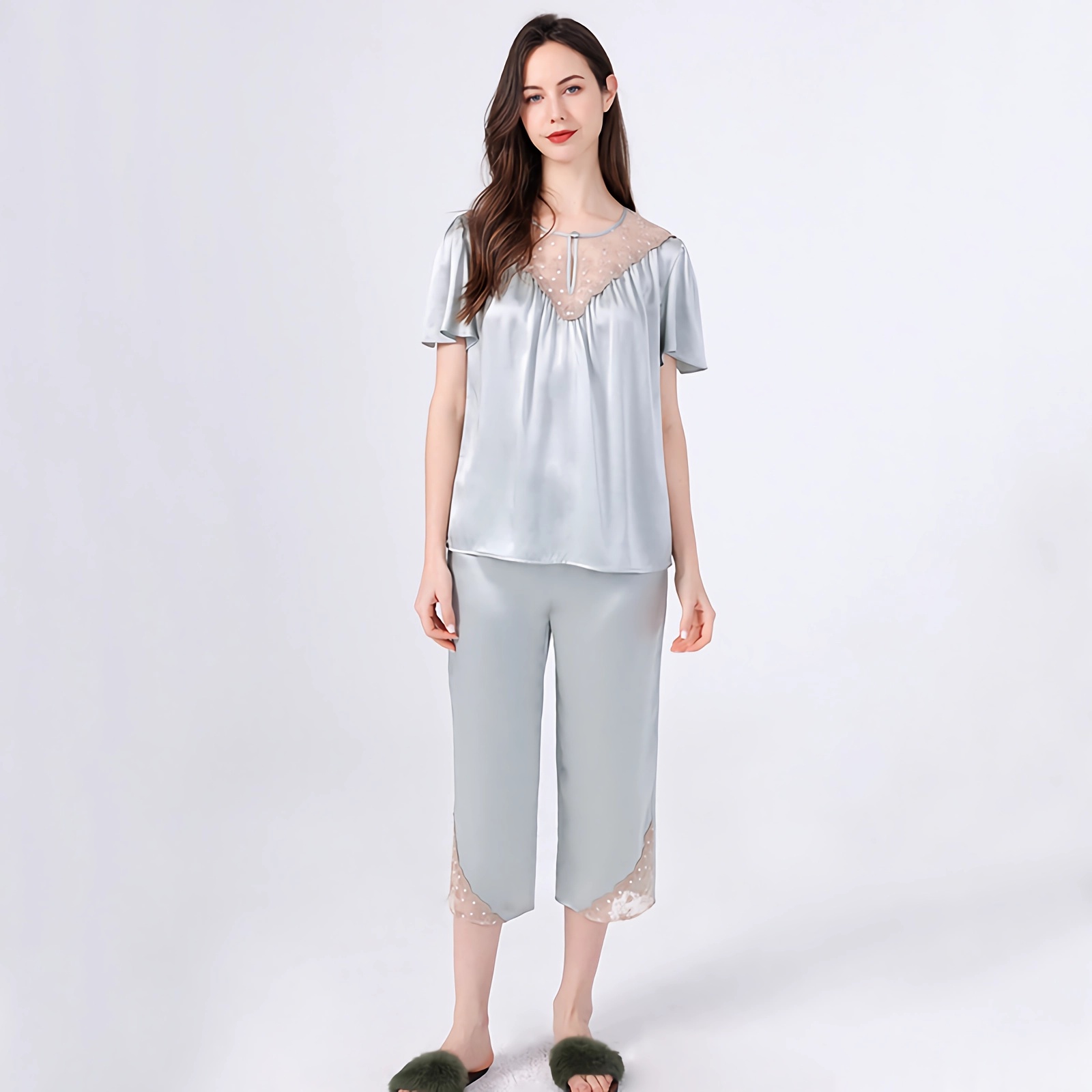 Women Silk Pyjamas Shorts Set With Lace REAL SILK LIFE