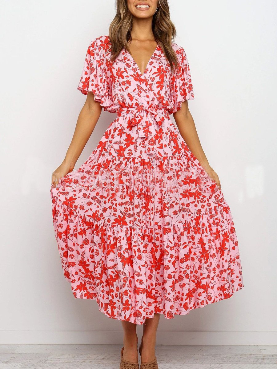 V-neck Chiffon and Lace Long Boho Dresses Flamingo Plus Size