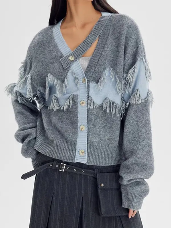 Color Block Tassel Splice Cardigan