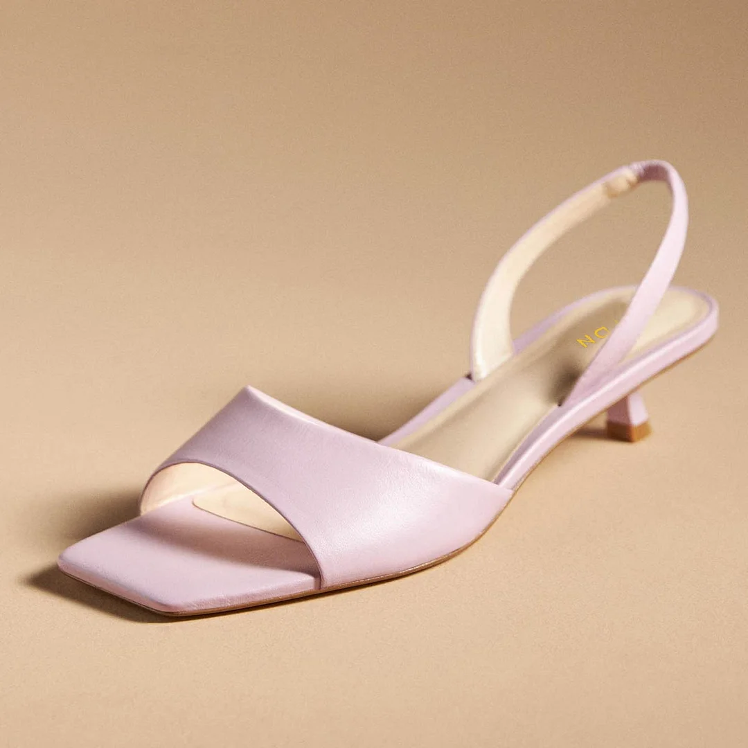 Vegan Leather Slingback Open Square Toe Kitten Heel Pink Sandals