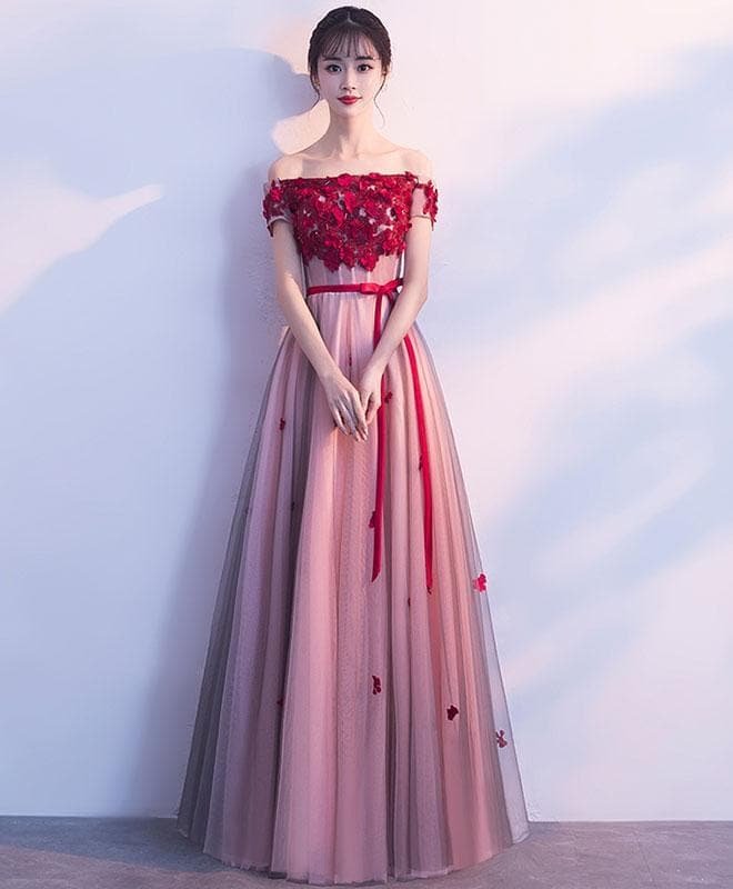 Burgundy Tulle Lace Applique Long Prom Dress, Bridesmaid Dress