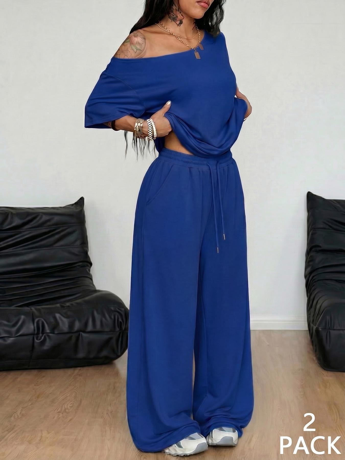 2pcs/Set Women's Minimalist Basic Casual Daily Wear Everyday Going Out Sport Comfortable Baggy Off Shoulder T-Shirt And Wide Leg Pants Two Pieces Outfits