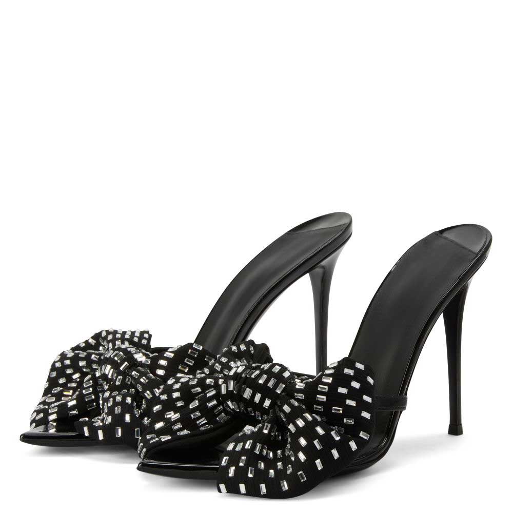 Black Pointed Toe 4'' Stiletto Heel Rhinestone Bow Mules Nicepairs