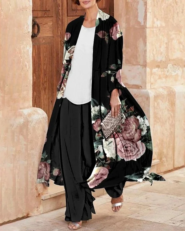 Chiffon Loose Print Cardigan Casual Pants Two-Piece Set