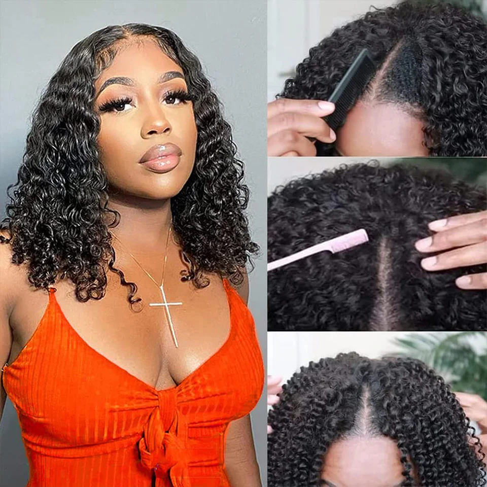 180% Density Curly & Wave Hair V Part Bob Wigs Human Hair Wig Quick Install Style Wigs