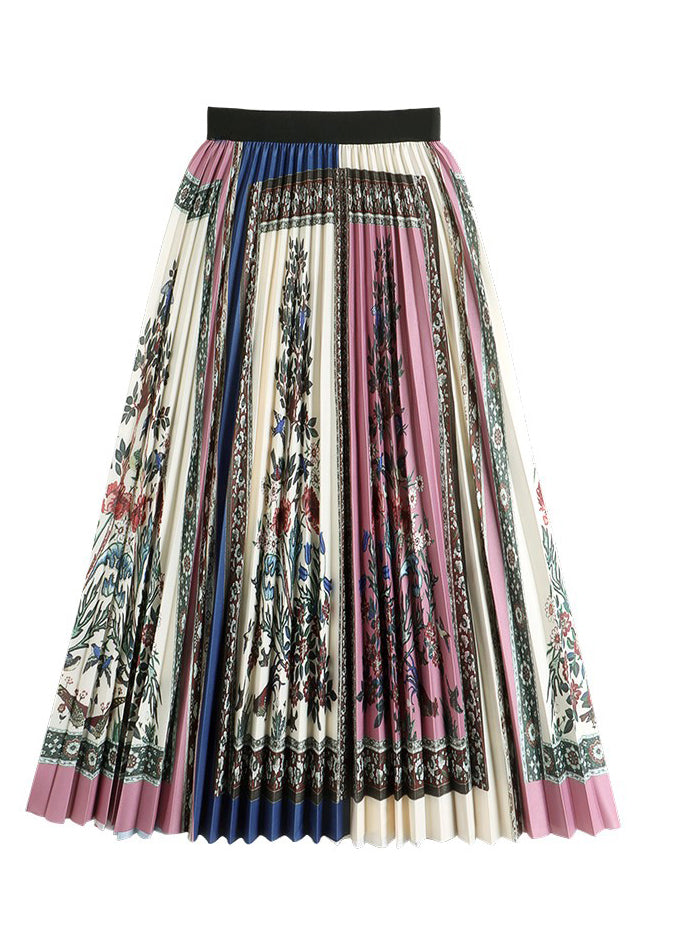 VCSHOES Pink Print Wrinkled Silk Pleated Skirt Summer