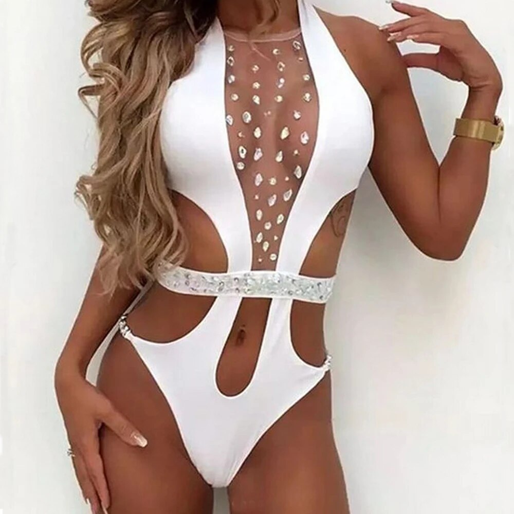 New Women Sexy Swimsuit Shiny Swimwear With Rhinestone Belt Chest Diamond-Studded Bikinis Halter Hollow Summer Bather S-XL