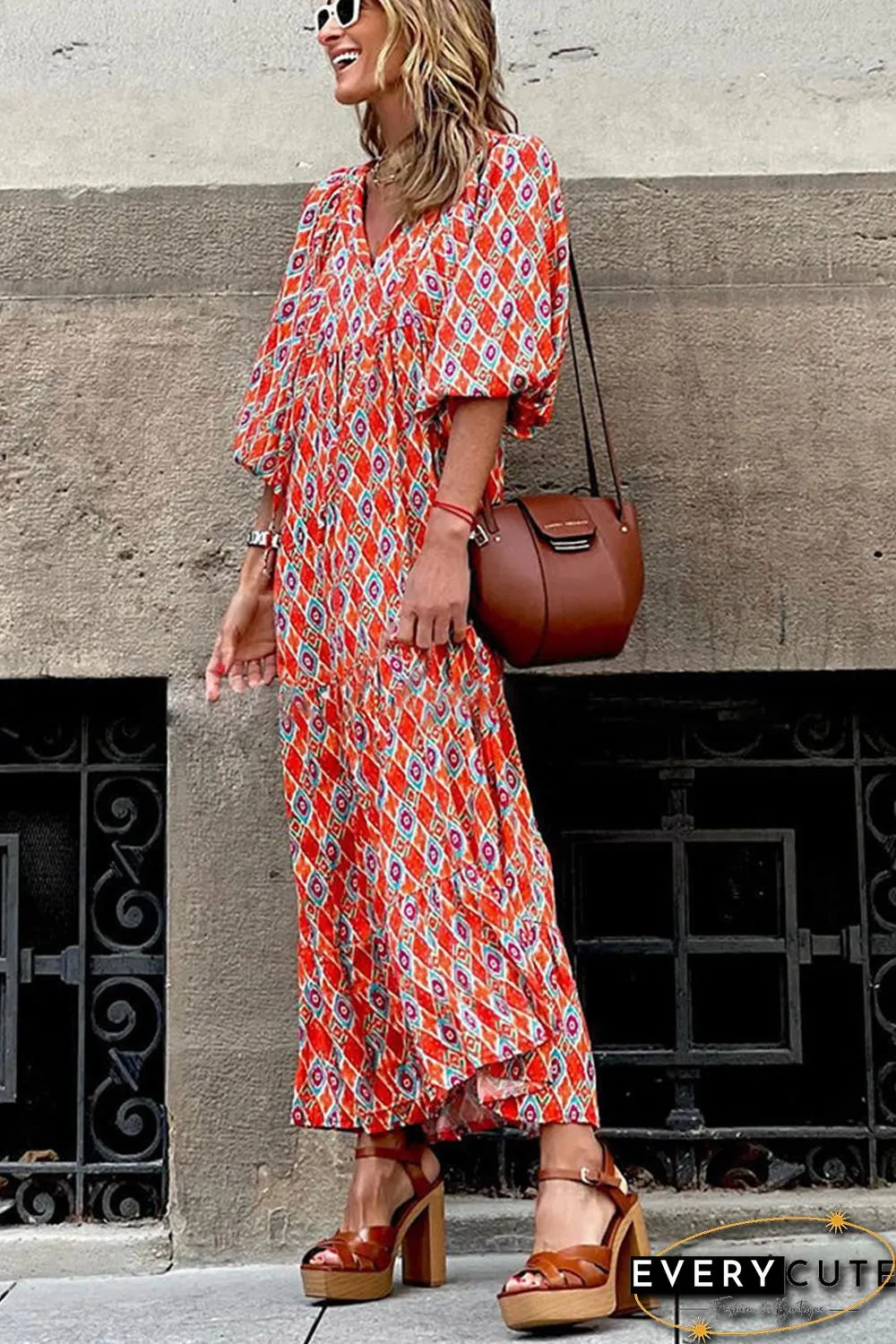 Ethnic Geometry Print Bubble Sleeve Maxi Dress