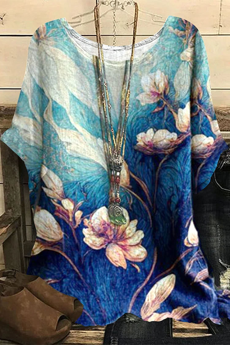 Flycurvy Plus Size Casual Blue Cotton And Linen Floral Print Blouse  Flycurvy [product_label]