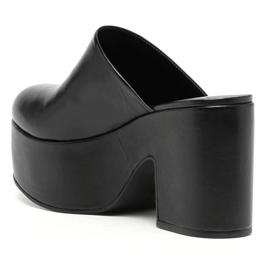 Vegan Leather Closed Round Toe Block Heel Platform Black Mules