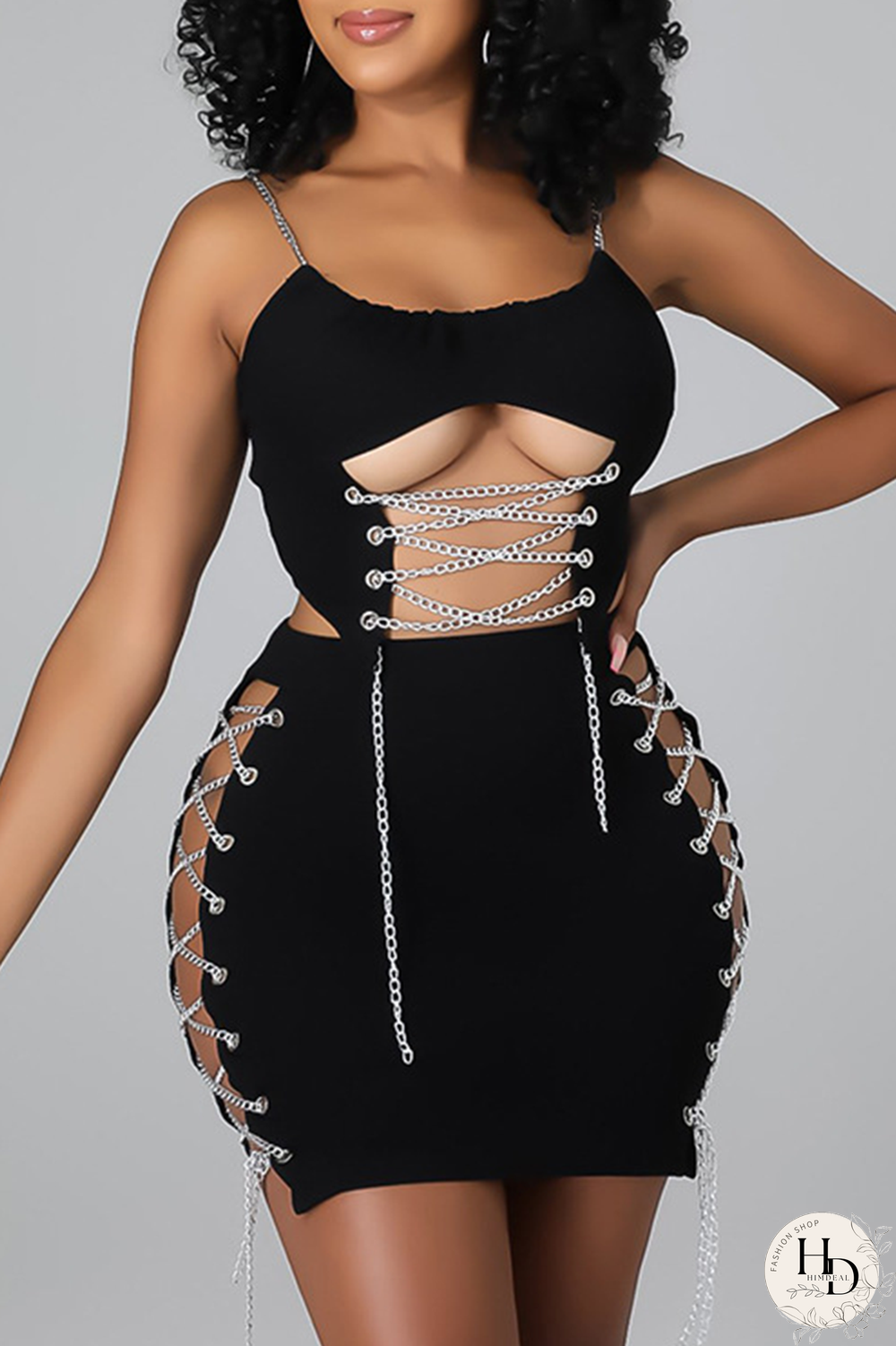 Black Sexy Solid Hollowed Out Spaghetti Strap Sleeveless Two Pieces