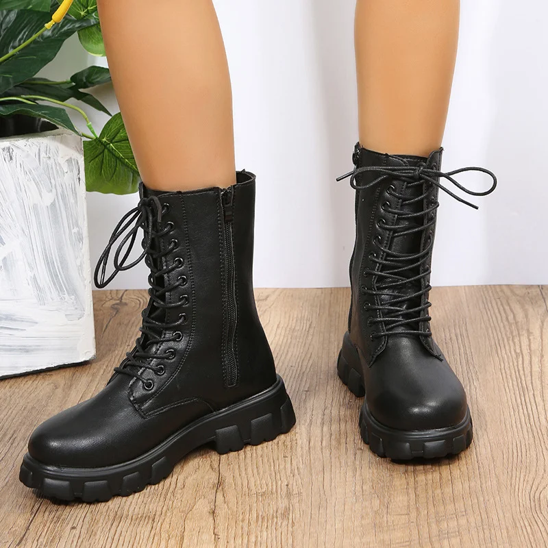 Breakj Breakj Women's Boots 2025 Autumn And Winter New Round Head Tie With Thick And Low And Low And Martin Boots Women's Locomotive Short Boots