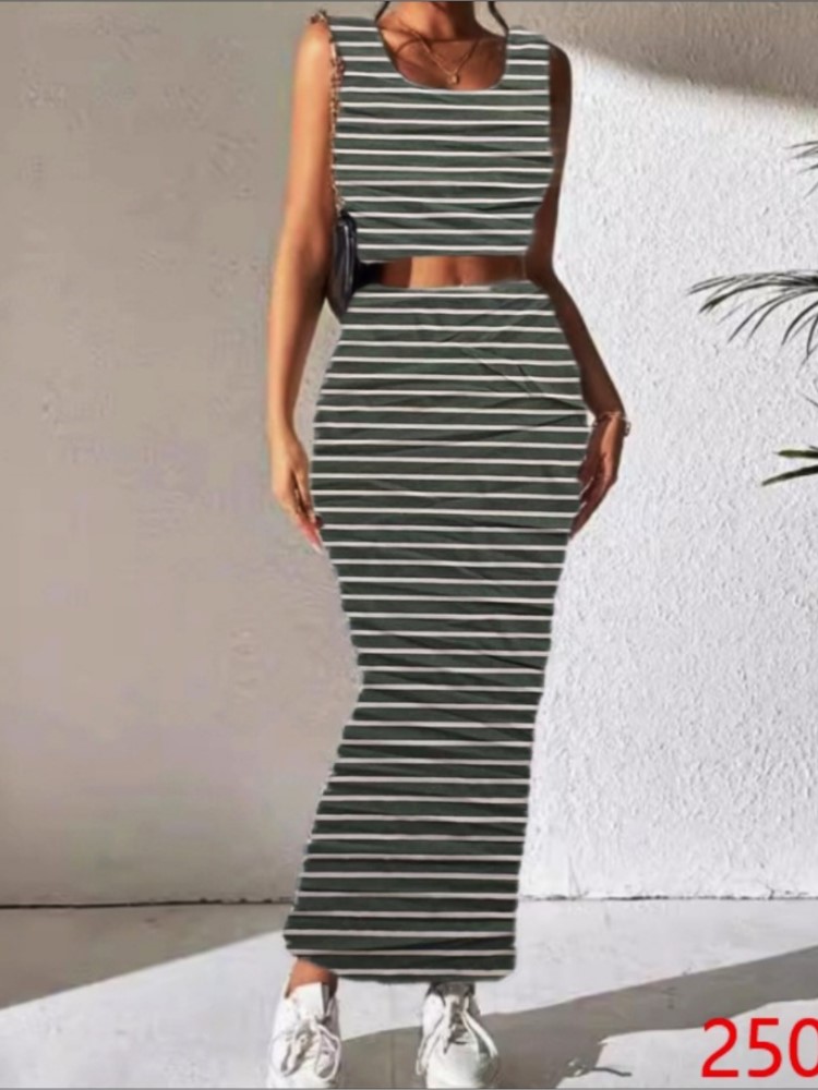 Tarewheels New Fashion Striped Print Bodycon Two Piece Sets Sping Summer Casual Tank Short Top & Slim Side Slit Midi Skirt Set Streetwear
