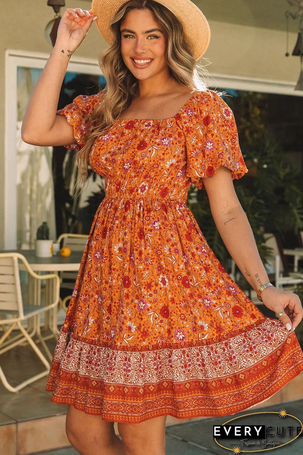 Orange Square Neck Puff Sleeves Flowy Floral Dress