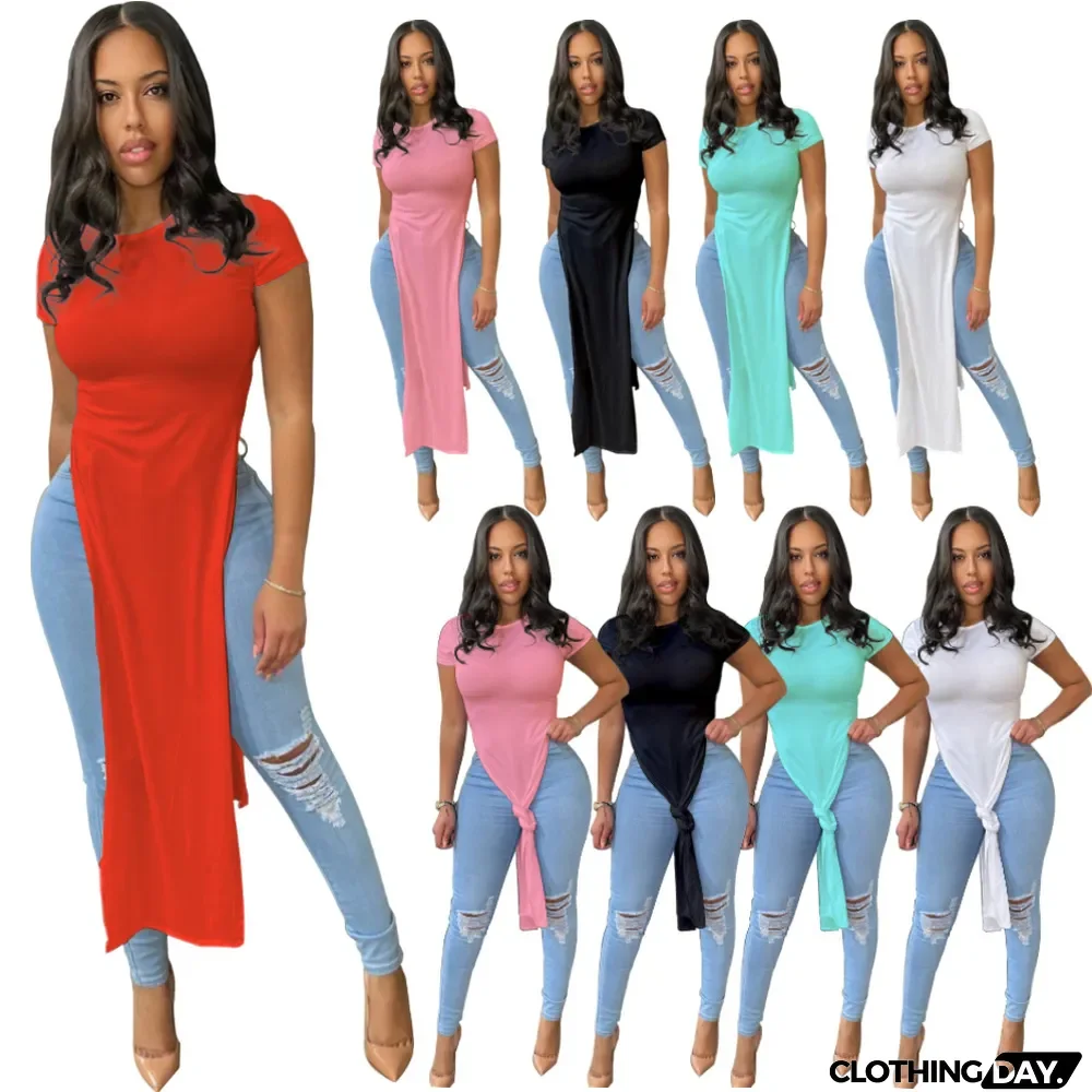 Cute Solid Color Slit T-Shirt Top