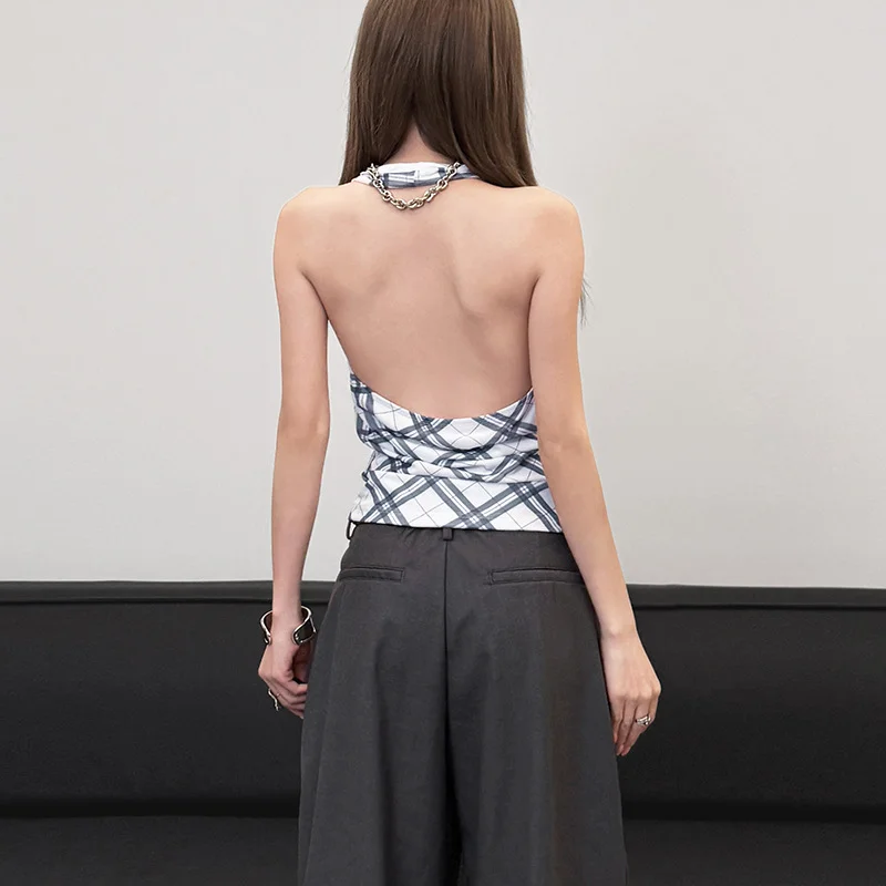 Uveng 2025 New Women's Fashion Simple Hanging Neck Design Lattice Sleeveless Small Vest