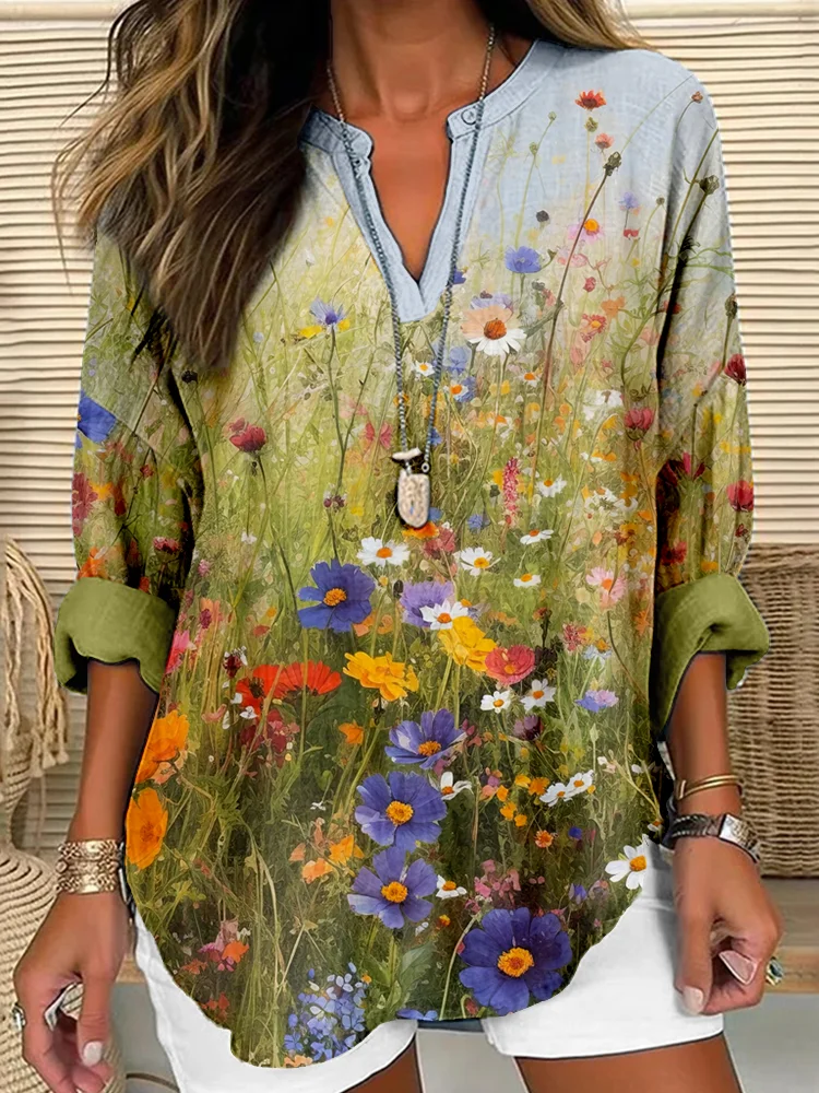 Wildflower Field Art Linen Blend Cozy Tunic