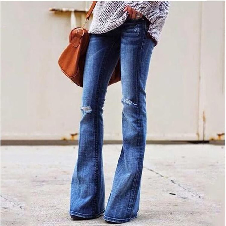 Vintage Knee Distressed High Waist Flare Jeans[Buy 2 Free Shipping ]