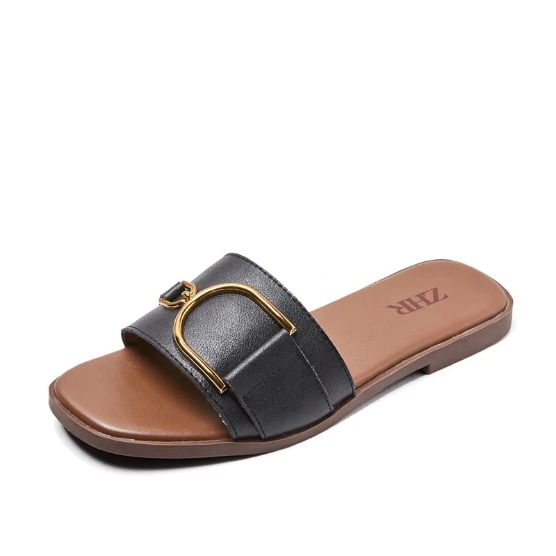 2021 Slippers Women Slides Luxury Brand Flip Flops Shoes Genuine Leather Square Toe Summer Slide Designers Sandals Casual Flats