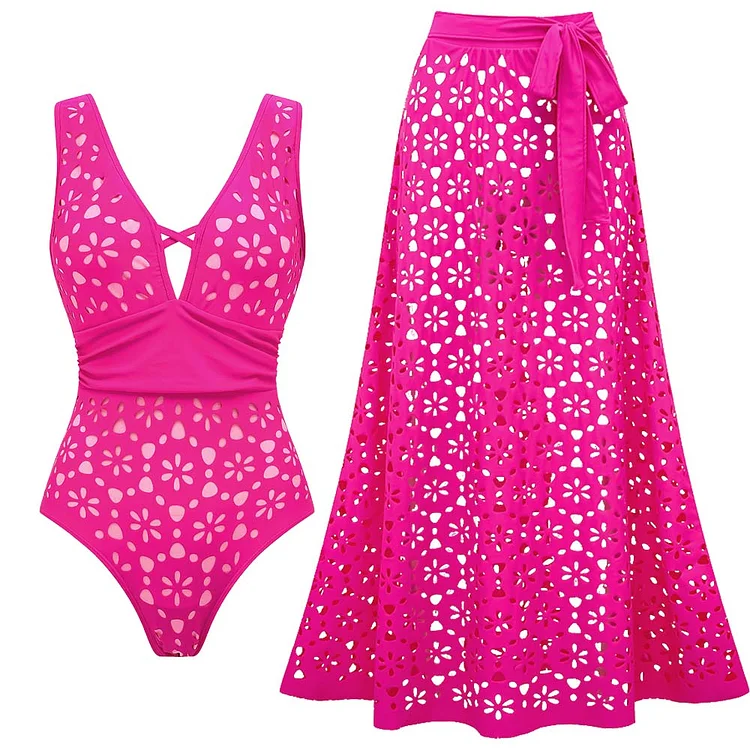 Hollow Out One Piece Swimsuit and Skirt
