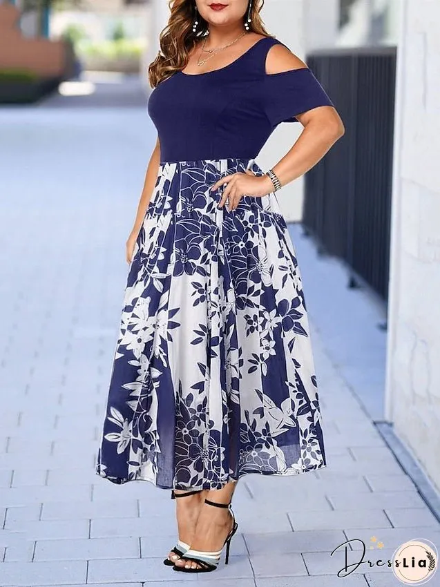 Plus Size Casual Dress Skater Line Floral Long Maxi Short Sleeve Hollow Out Print Crew