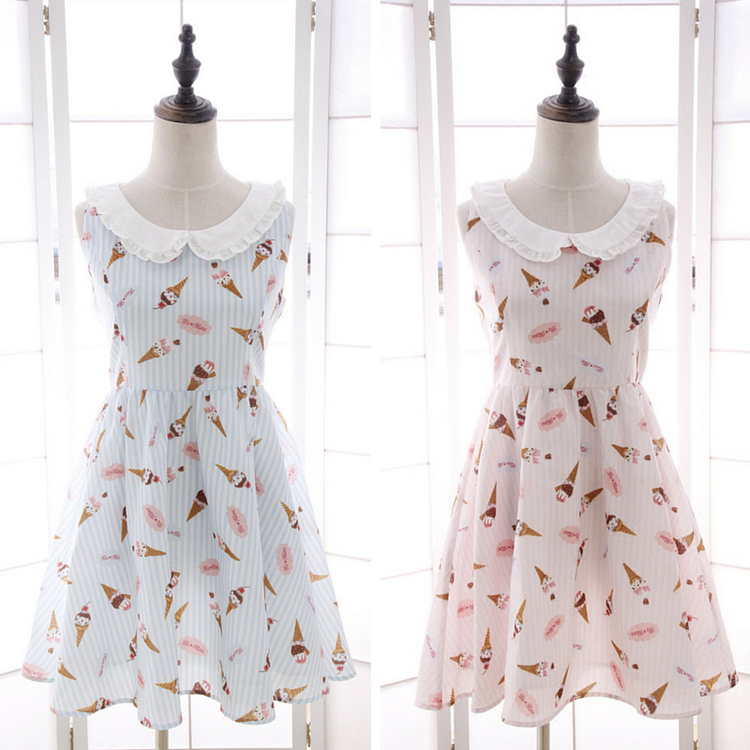 M/L Blue/Pink Lovely Ice-cream Pattern Stripe Sleeveless Summer Dress SP165848