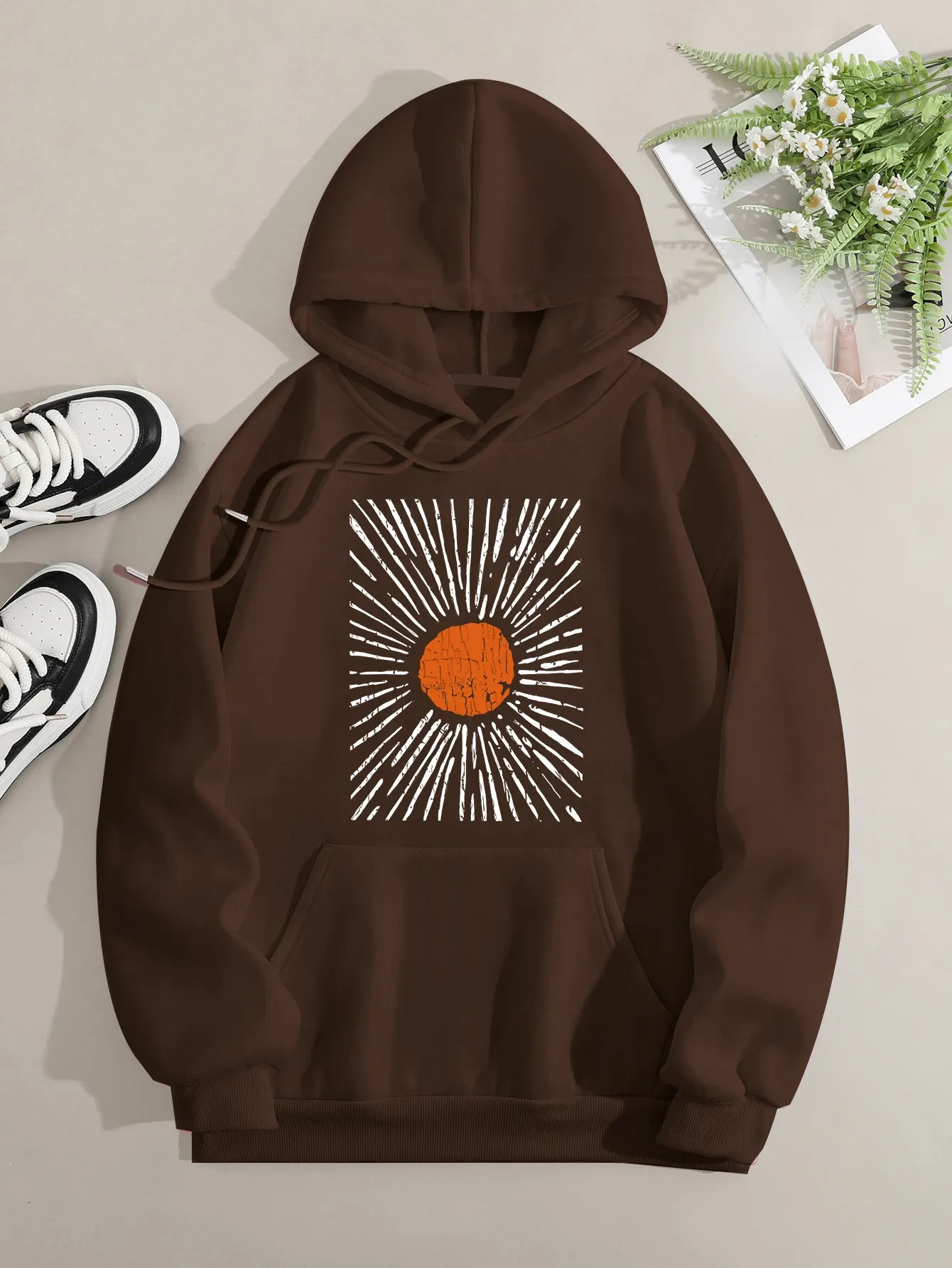 Printed on front Kangaroo Pocket Hoodie Long Sleeve for Women Pattern Sunset