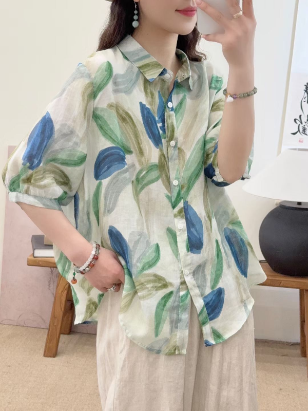 Vintage Printed Lapel Ramie Shirt