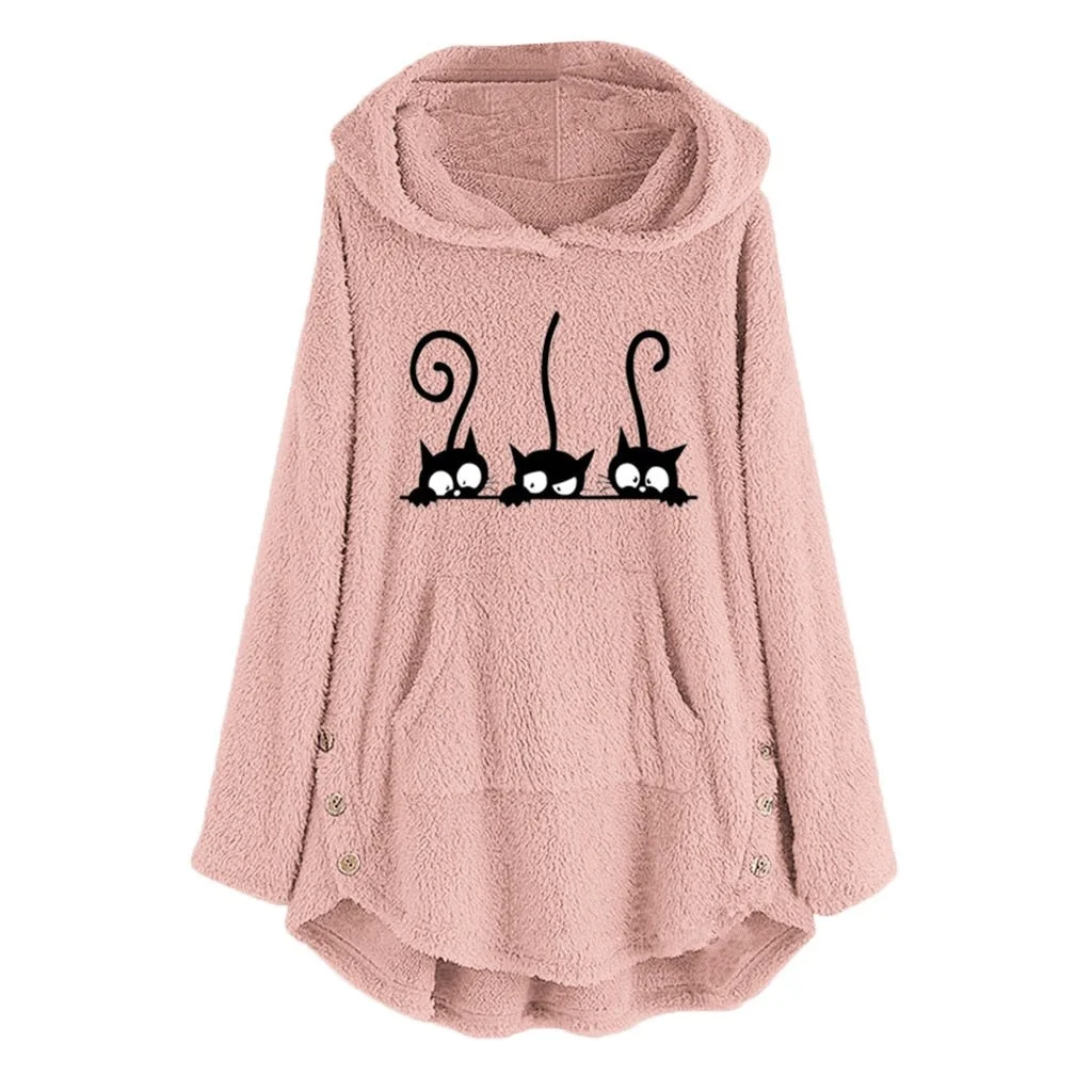 Oversize Hoodie Womens Fleece Teddy Hoodies Cat Print Warm Hooded Pullover Top Sweatshirts Jumper Women Hoodie Sweatshirt 2021