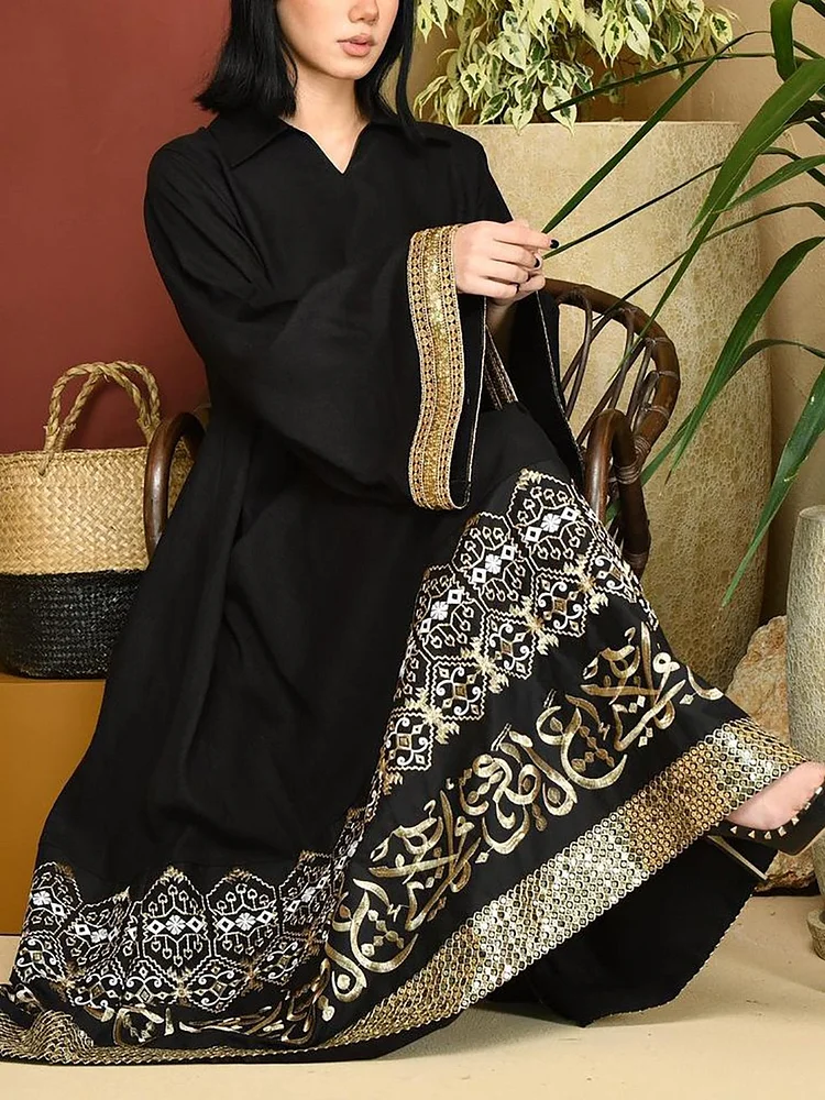 Baggy black lapel maxi kaftan dress فساتين