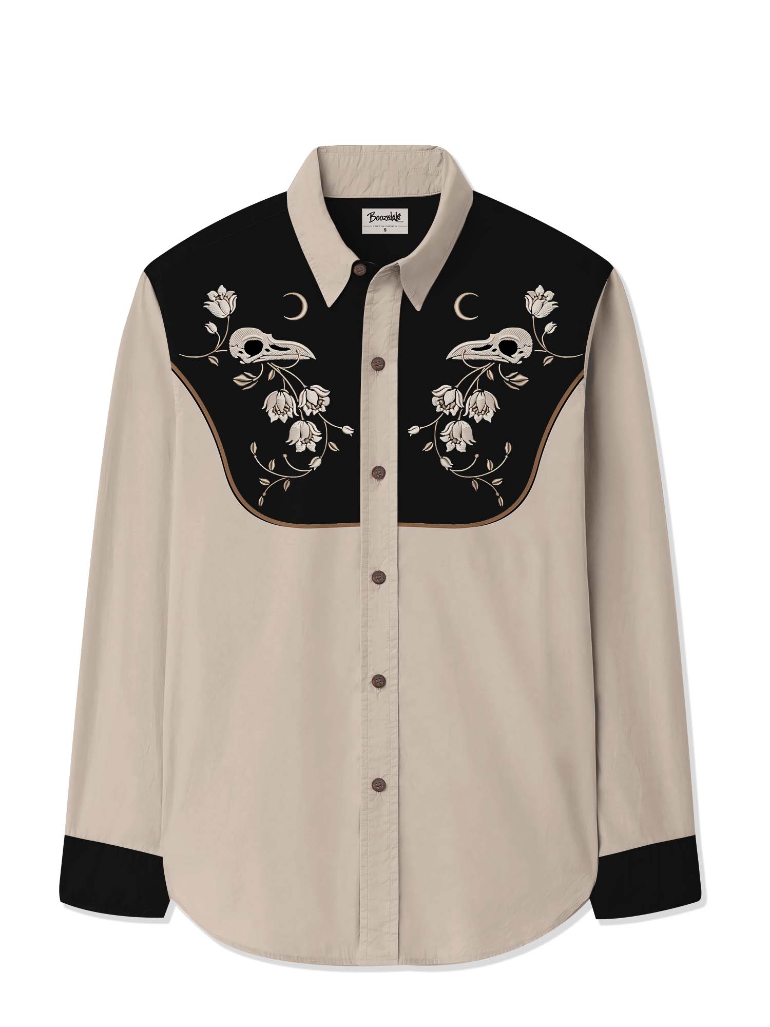Flower And Raven Skull - 100% Cotton Long Sleeves Shirt