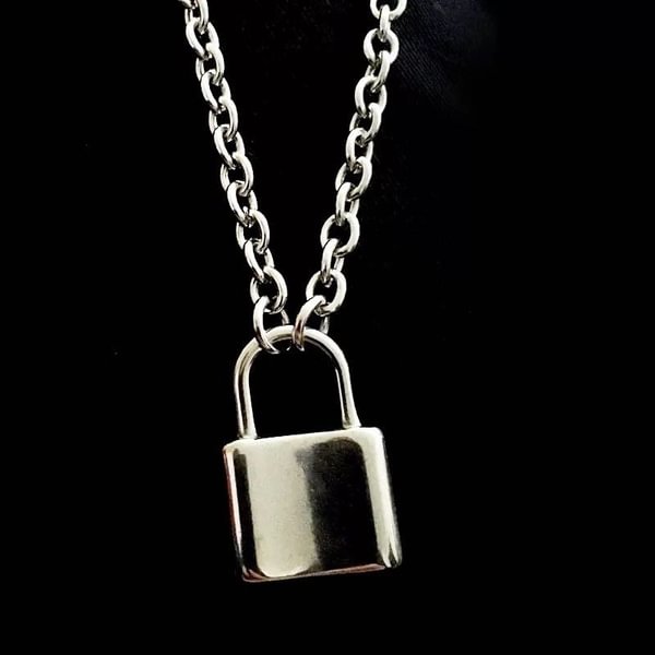 Rock Lock Choker Silver Long Chain Necklace on The Neck with Lock Punk Jewelry Mujer Key Padlock Pendant Necklace for Women Gift