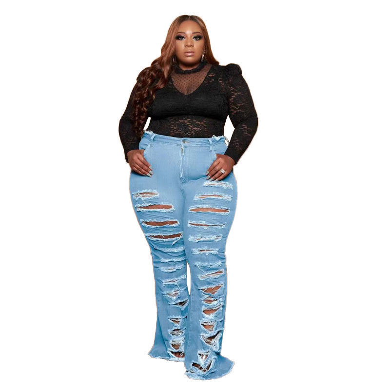 Plus Size Washing Trendy  Women Ripped Jeans