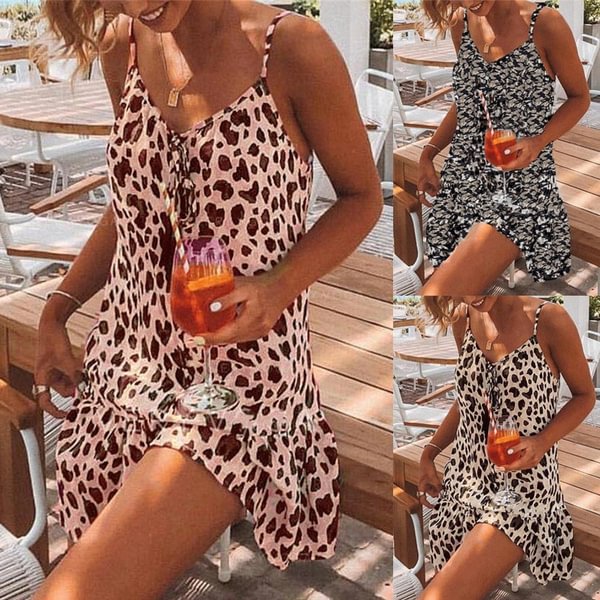 Spaghetti Strap Leopard Printed Summer Beach Dress Women Fashion Casual Mini Dress Vestidos - Shop Trendy Women's Fashion | TeeYours